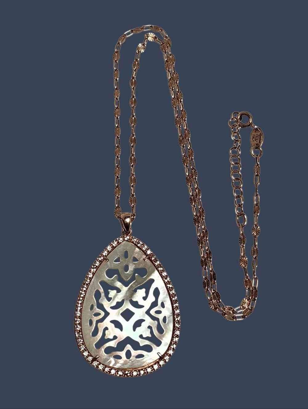 Rose Silver Mother of Pearl Teardrop Pendant Necklace  18" Italy